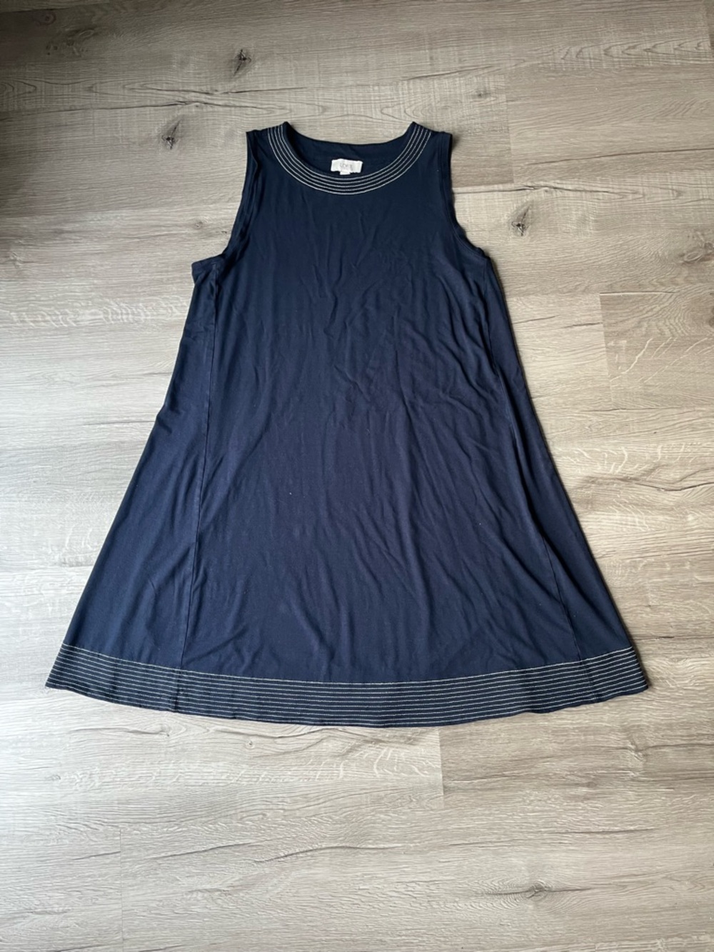 LOFT Navy Sleeveless Swing Dress with Embroidered Stripe Trim
